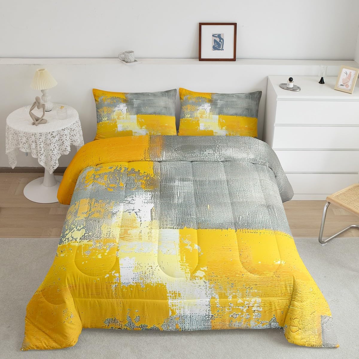 Erosebridal Yellow Ombre Bedding Set White Tie Dye Comforter Set Queen, Grey Abstract Grunge Duvet Insert Gradient Watercolor Quilt Sets, Oil Painting Bedding Comforters & Sets Luxurious 3pcs