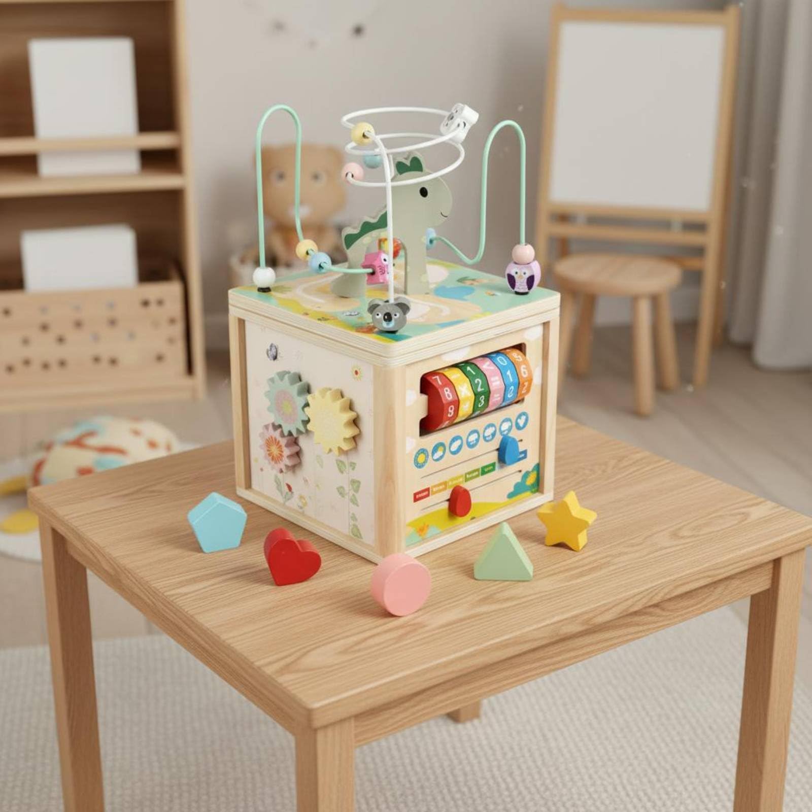 Kinder Drehperlen Motorikschleife Holzspielzeug mit Drehbarem Und Farbenfrohen Perlen für Spielteppich Kinderecke, Multifunktionaler Perlenlabyrinth-Schatzkasten Mit Alphabet
