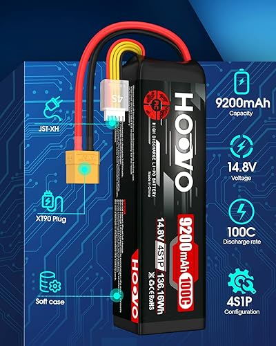 Miniatura 2 de HOOVO 4S Lipo - Batería 9200mAh 14.8V 100C con enchufe XT90, placas de metal, funda suave para RC Truck Truggy Buggy Tank RC Car Racing Hobby