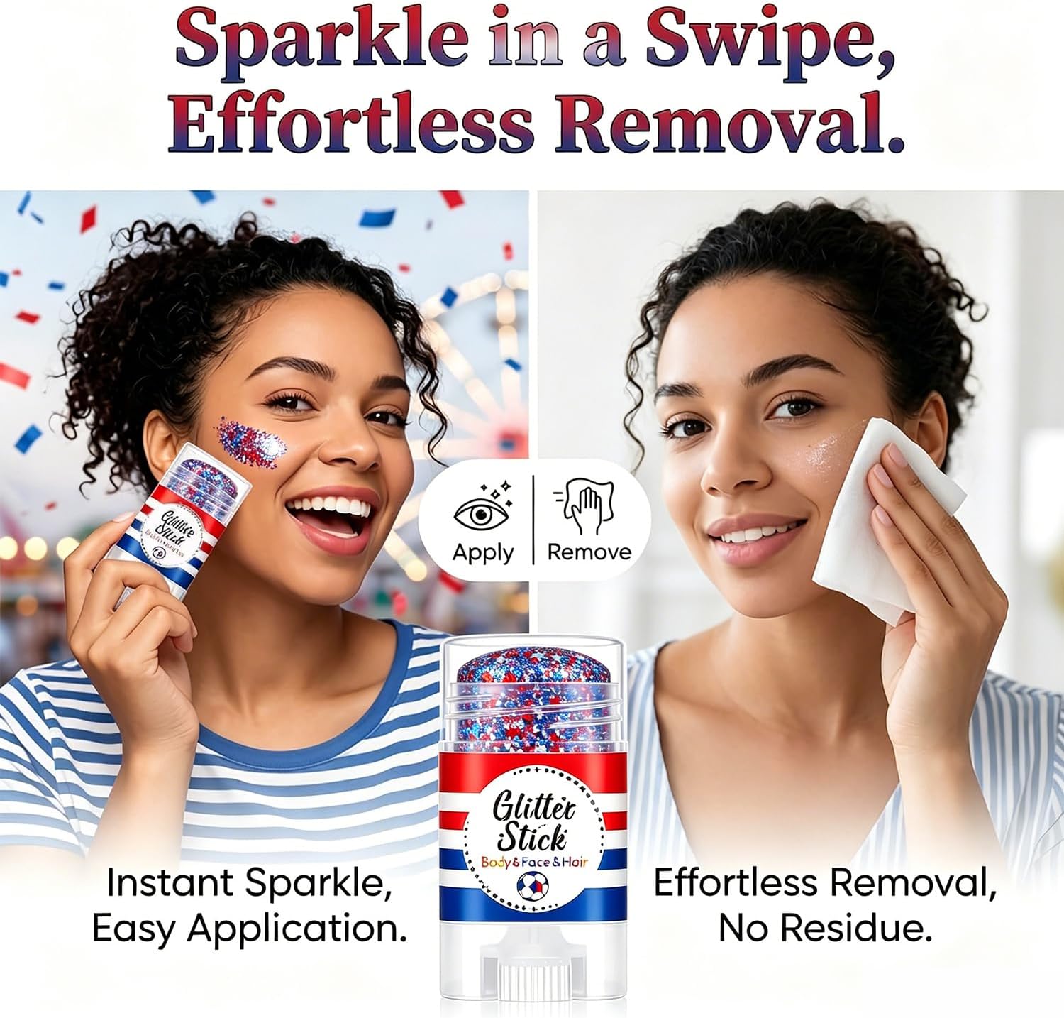 4th of July Glitter Stick, Red White and Blue Glitter Stick, Body Glitter, Patriotic USA Flag Makeup for Independence Day & 250 Anniversary, Fourth of July Decorations, 4th of July Outfits for Women
