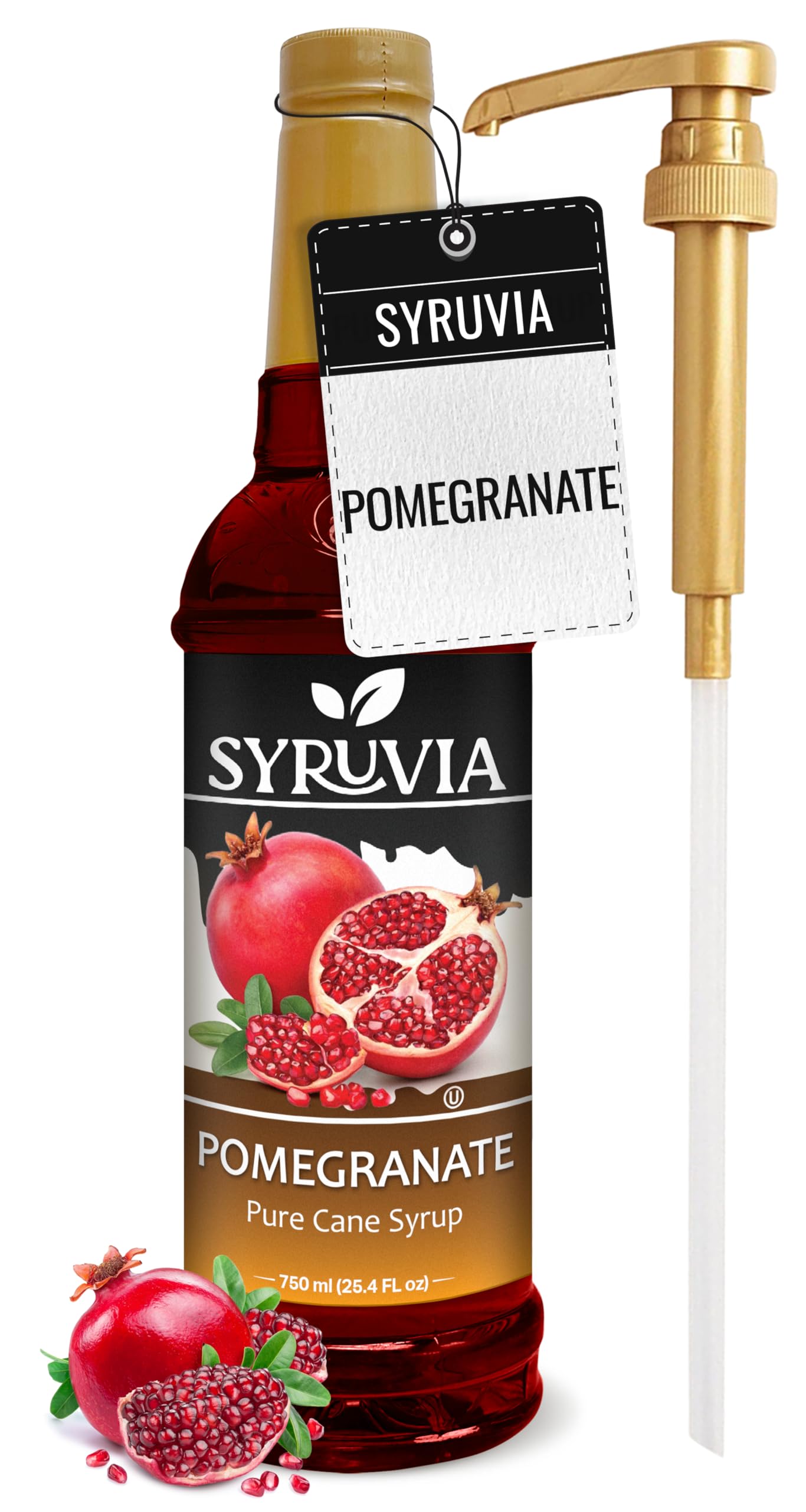 Syruvia Pomegranate Syrup - Premium Flavoring Syrup for Tea, Italian Sodas, Beverages, Desserts, Ice Cream, Cocktails & Mocktails - Kosher, Gluten Free - 25.4 fl oz With Pump