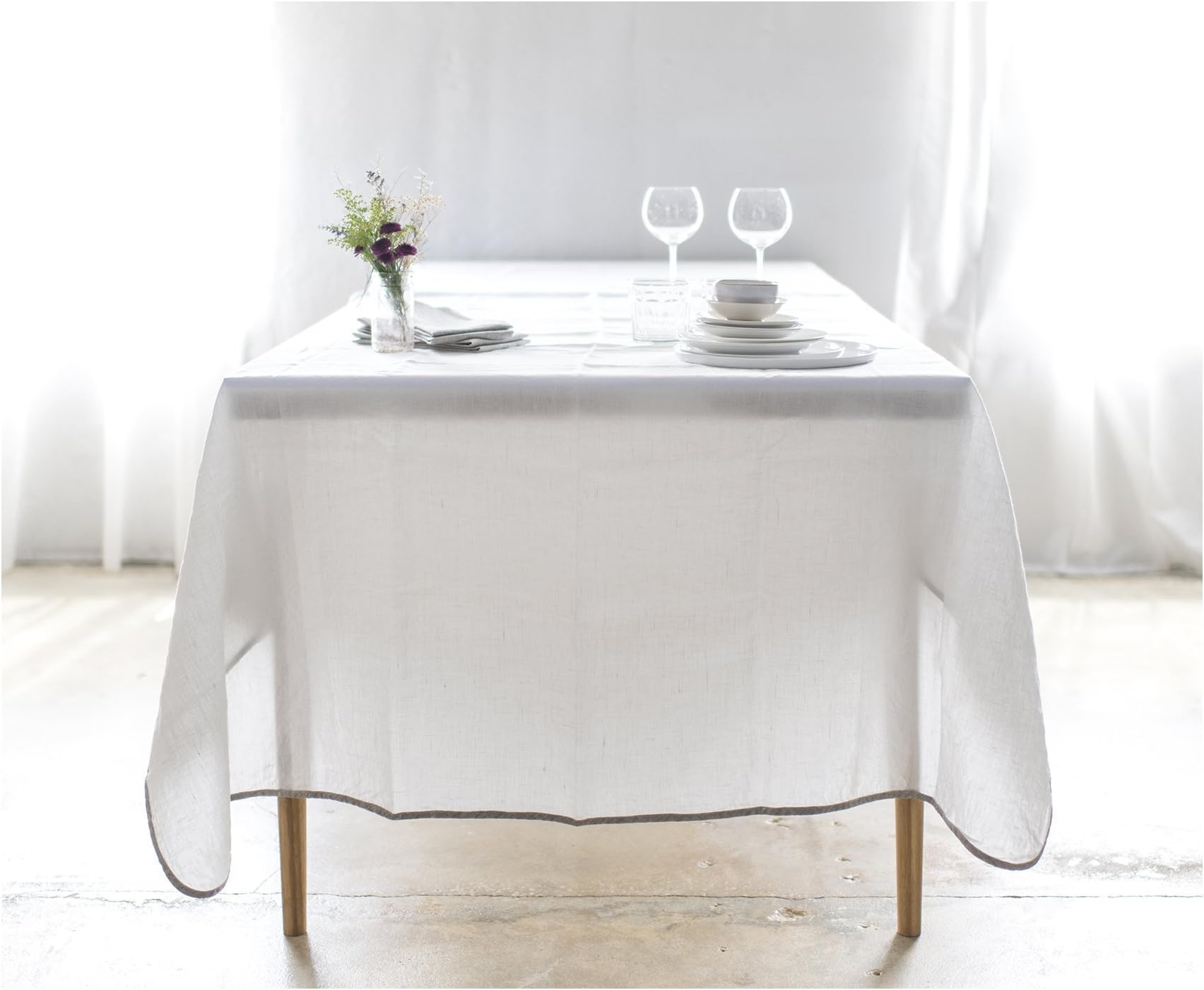 White Linen Tablecloth with bias oatmeal linen tape