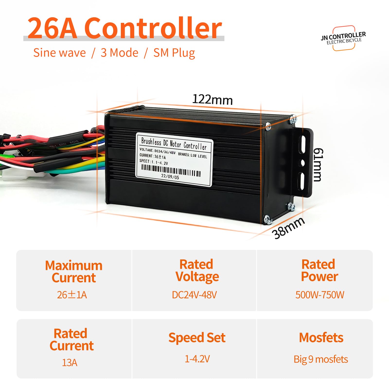 Ebike 26A Sine Wave Controller with CS866 Color Display, Adjustable Throttle & PAS for 500W 800W 1000W 1800W Electric Bicycles Hub Motor