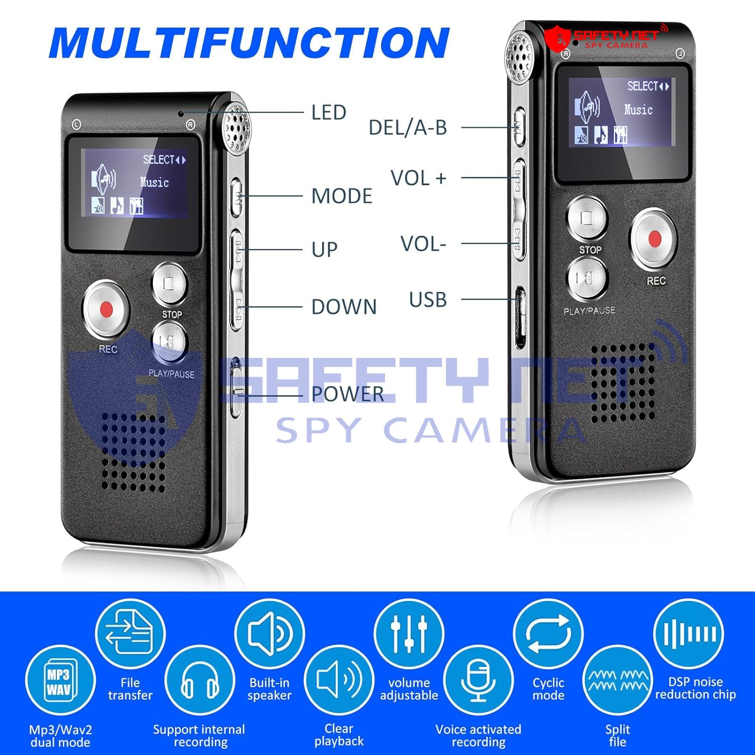 SAFETYNET 8GB Digital Voice Recorder Professional, Rechargeable Mini Voice Recorder with Multifunctional Digital Audio & MP3 Playback 2