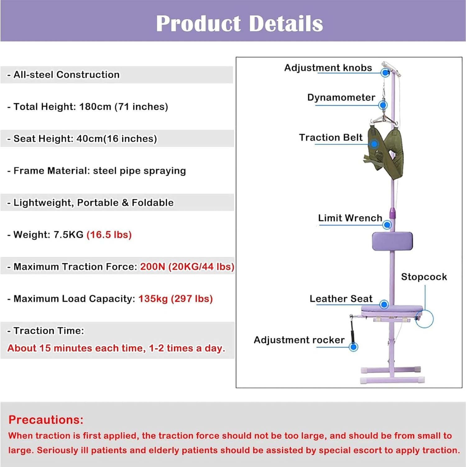 Purple Foldable Cervical Traction Device Chair, Home Office Neck Traction Bench, Kyphosis Traction Hammock Corrector for Neck Pain and Migraine Relief