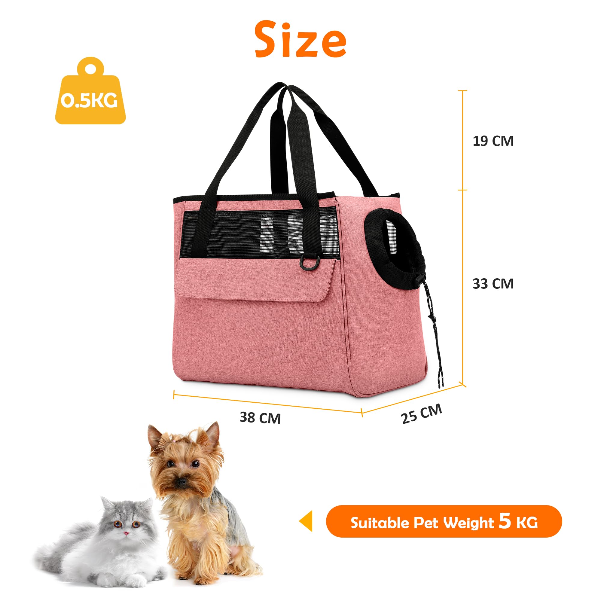 ALLSOPETS Sac pour Chien Sac à Main Respirant pour Chat Sac à Bandoulière pour Animaux de Compagnie Sac de Transport pour Chien avec Laisse de Sécurité et Poches pour Chiens Chiots Chats Rose