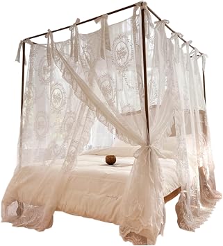 Bed Canopy, 4 Corner Post Canopy Bed Curtains, Romantic Lace Mosquito Net for 1.5m/4.92ft Beds, White Frame Not Included, Mosquito Net for