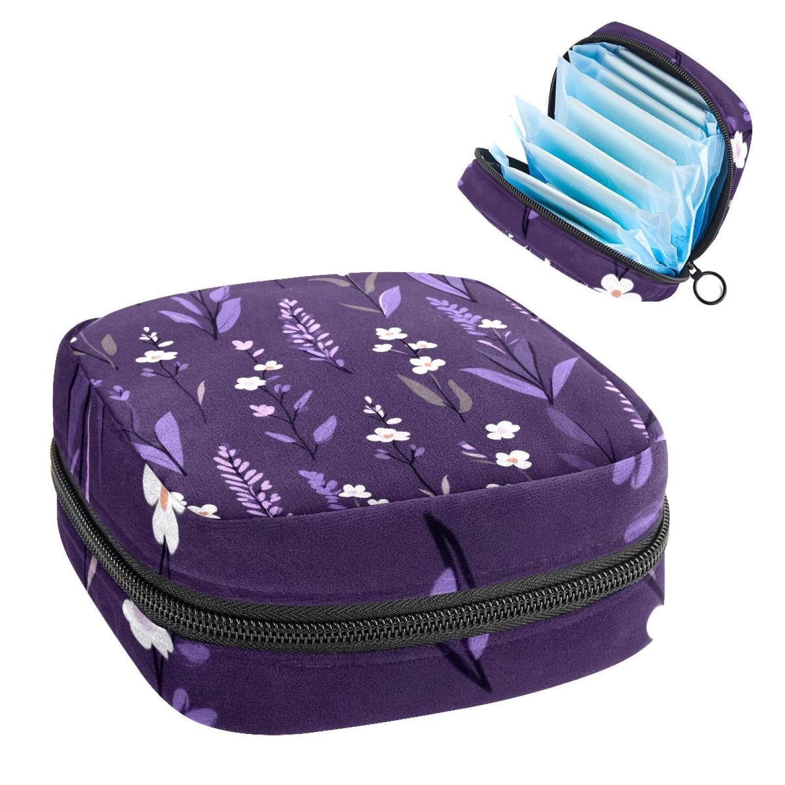 1Pc Period Bag for Women, Menstrual Pad Pouch for School Office, Reusable Sanitary Napkin Storage Bag Portable Feminine Period Kit Bag Purple Lavenders White Flowers and Leaves