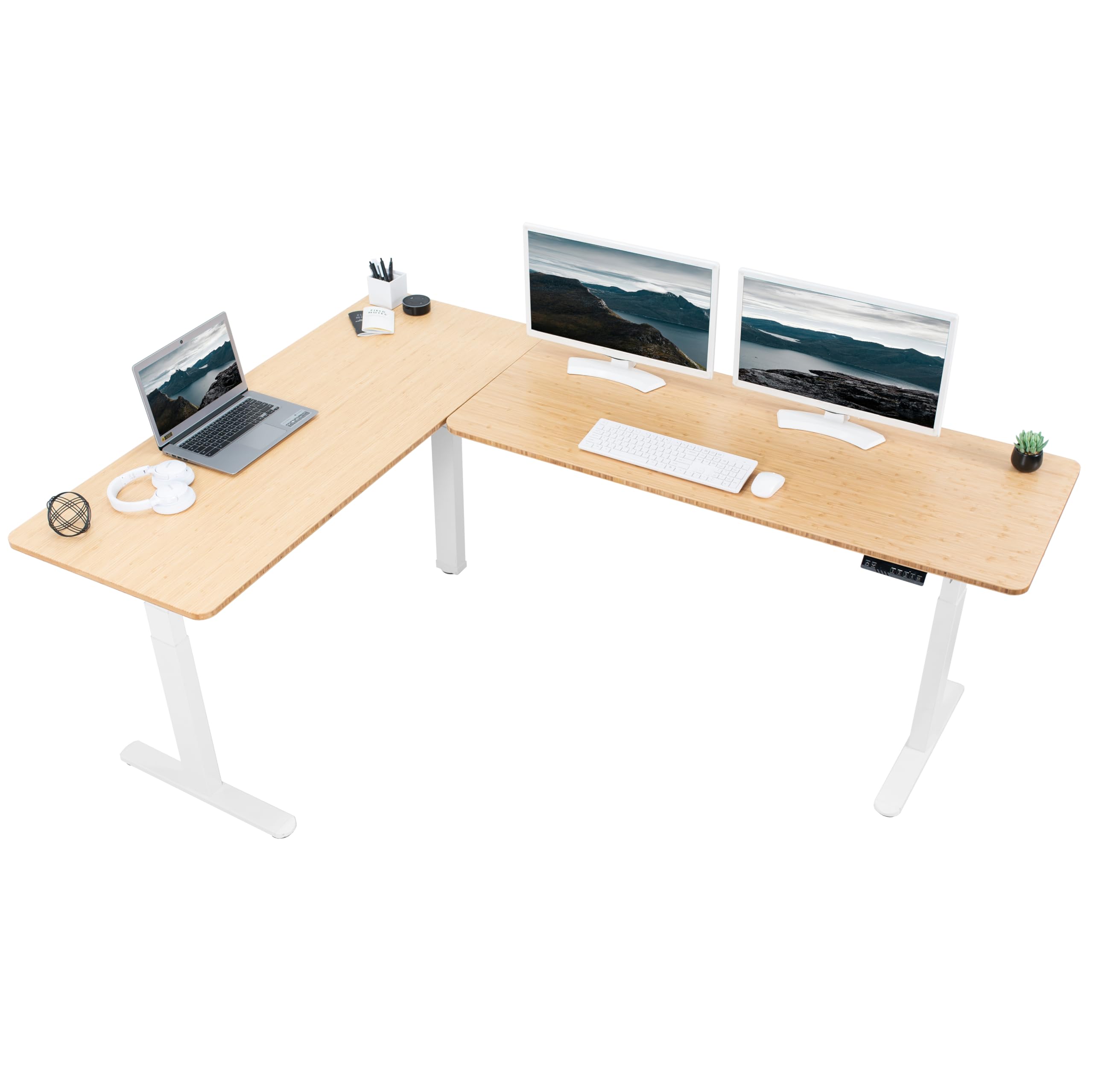 VIVO Electric Height Adjustable 83 x 60 inch Corner Stand Up Desk, 2 Solid Bamboo Table Tops, White Frame, Memory Controller, L-Shaped Workstation, 3E