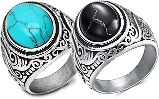 VQYSKO Blue Retro Oval Turquoise Ring Vintage Band Ring for Men Women