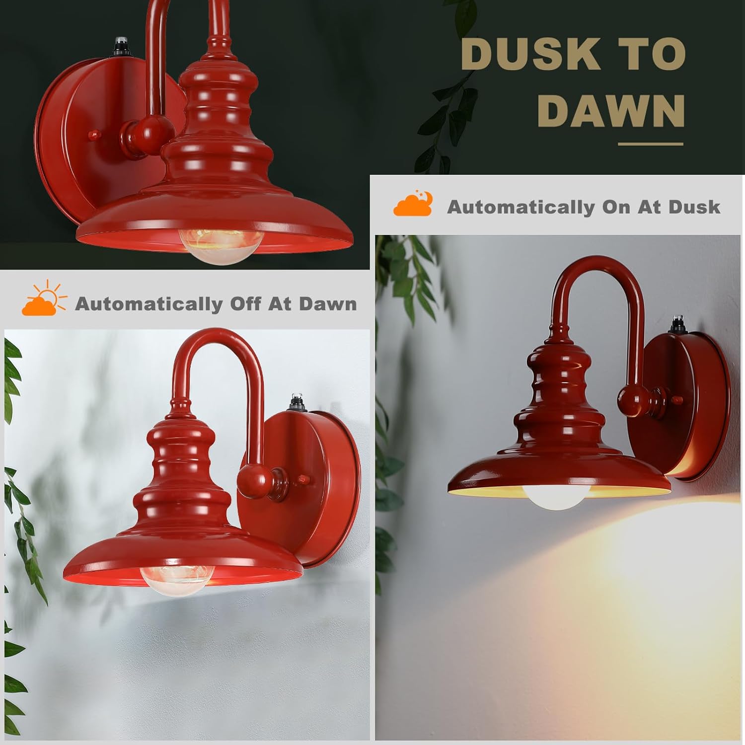 LONEDRUID Dusk to Dawn Sensor Outdoor Gooseneck Barn Light Fixtures Red Exterior Wall Sconce Lighting Rustic Outside Porch Lantern Farmhouse Wall Mount Lamp for House Garage Patio