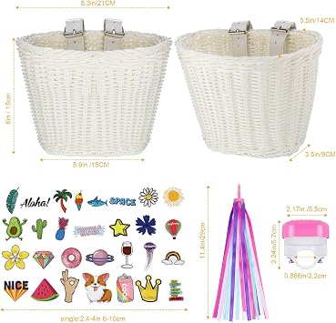 Kid's Bicycle Basket Streamers Set, Children's Bike Handlebar Wicker Basket with Colourful Bike Streamers Bell and Stickers, Bike Decoration Accessories Kit for Girls