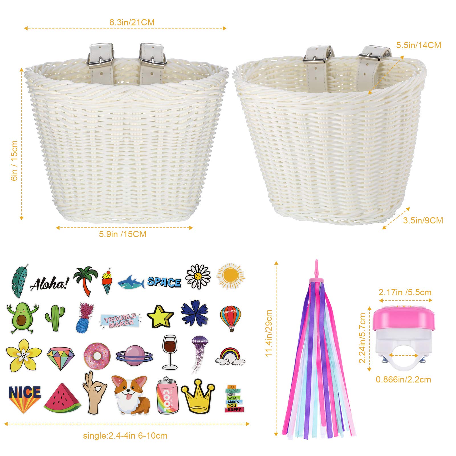 Kit Déco Vélo Enfant Boao – Panier Osier Rose, Cloche, Banderoles Et 30 Autocollants – Cadeau Anniversaire/Noël