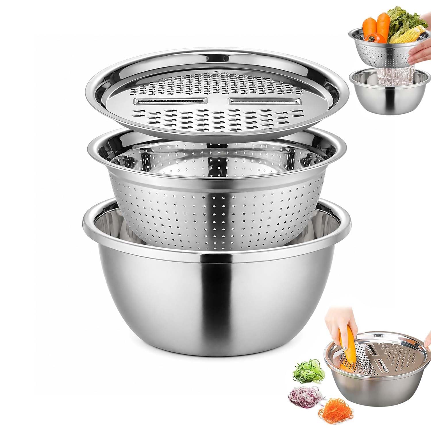 Multifunctional Stainless Steel Basin with Grater,11 in / 28 cm，1PCS：L | 3 in 1 Multipurpose Drain Basket Grater Basin Bowl,Fast Prep Slicer Bowl, for Potatoes, Vegetables, Fruit Washing