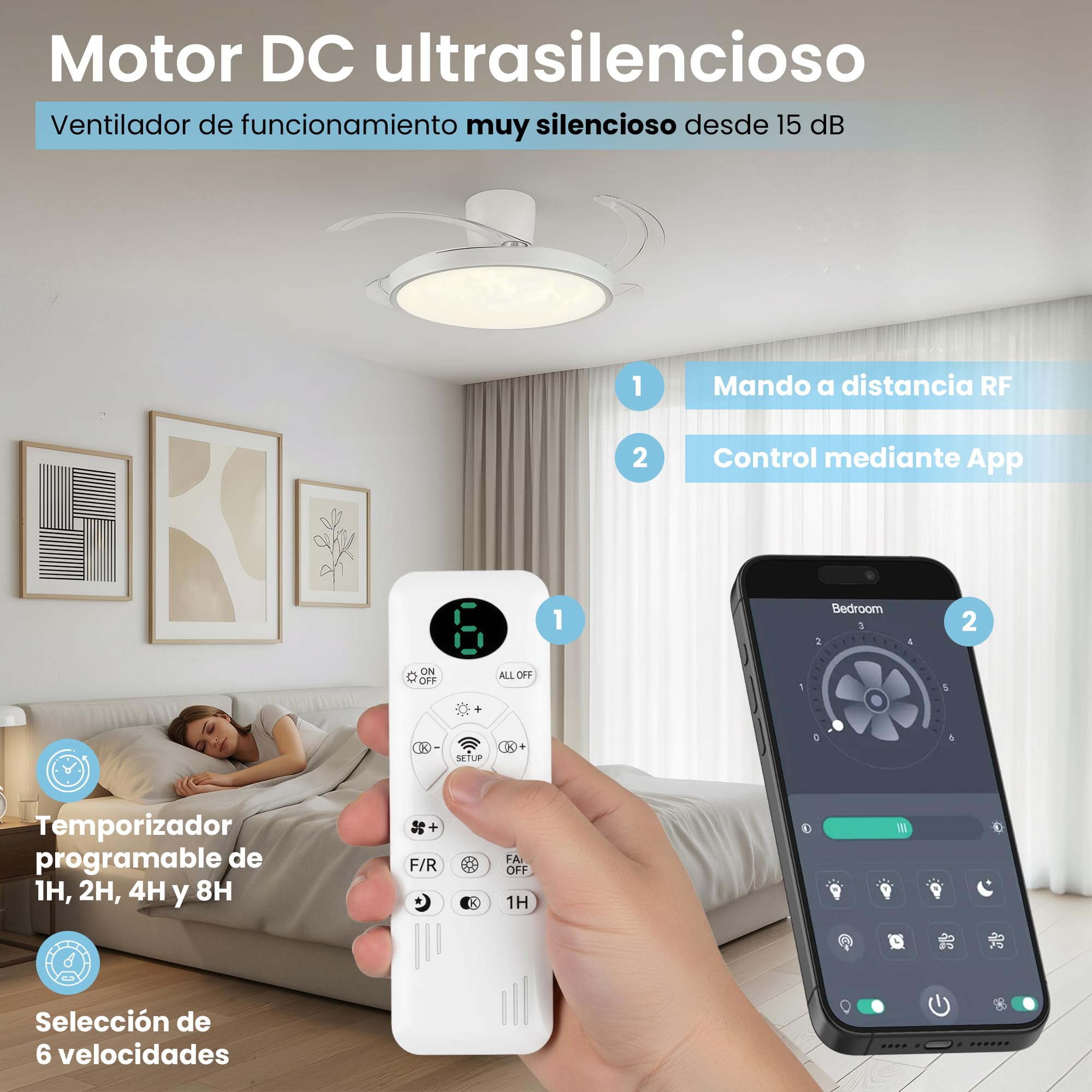 Ventilador de Techo con Luz LED Regulable y App – Motor DC Silencioso Bajo Consumo – Mando a Distancia – Función Verano/Invierno – Luz 3000K-6500K – Moderno para Salón y Dormitorio (Madera, 108 cm)