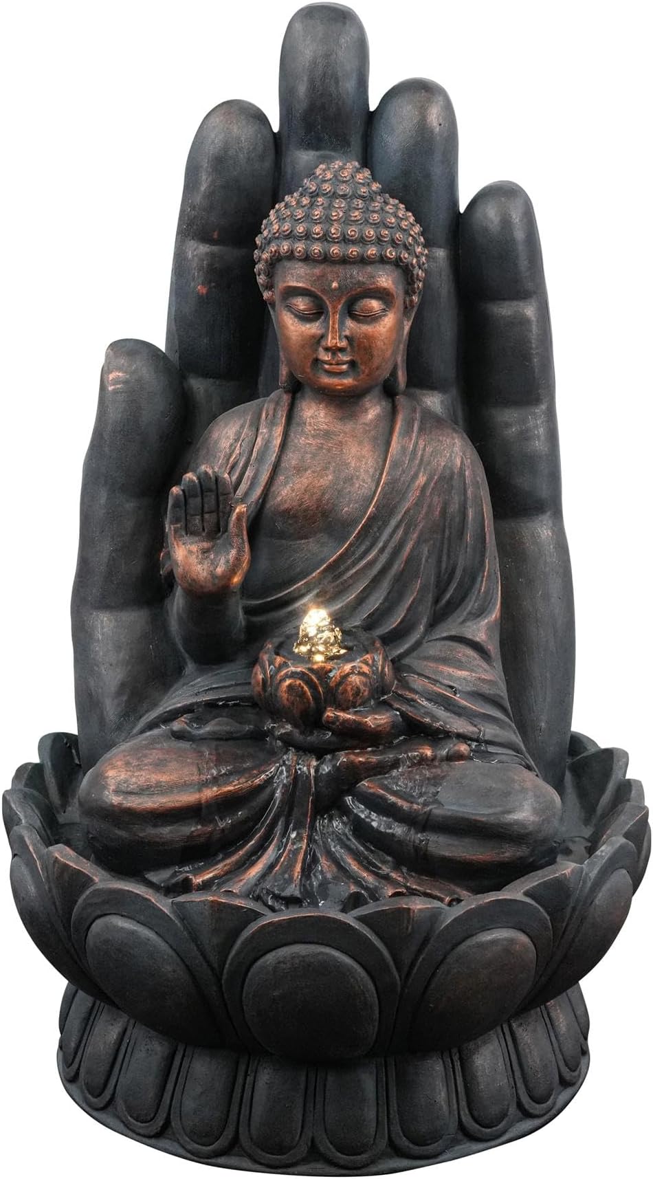 GEEZY Garden Water Feature – Open Palm Buddha Fountain with LED Lights – Mains Powered, Self-Contained, Indoor & Outdoor – Easy Setup & Cascading – Great for Garden, Home, Patio & Balcony Decor