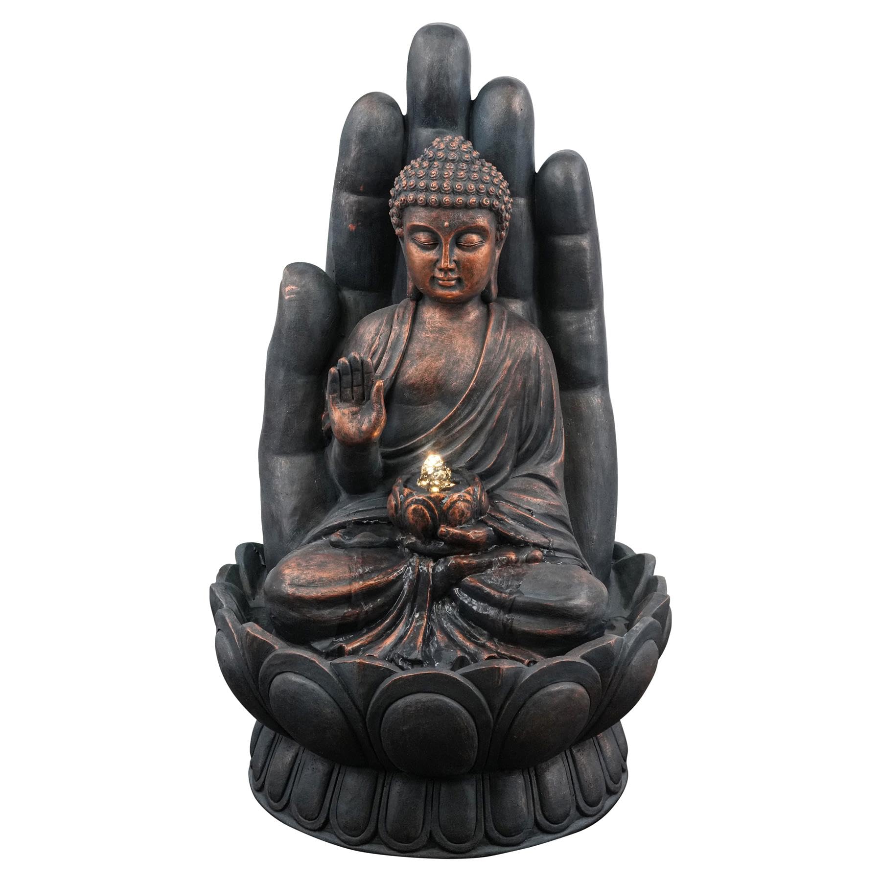 GEEZY Garden Water Feature – Open Palm Buddha Fountain with LED Lights – Mains Powered, Self-Contained, Indoor & Outdoor – Easy Setup & Cascading – Great for Garden, Home, Patio & Balcony Decor
