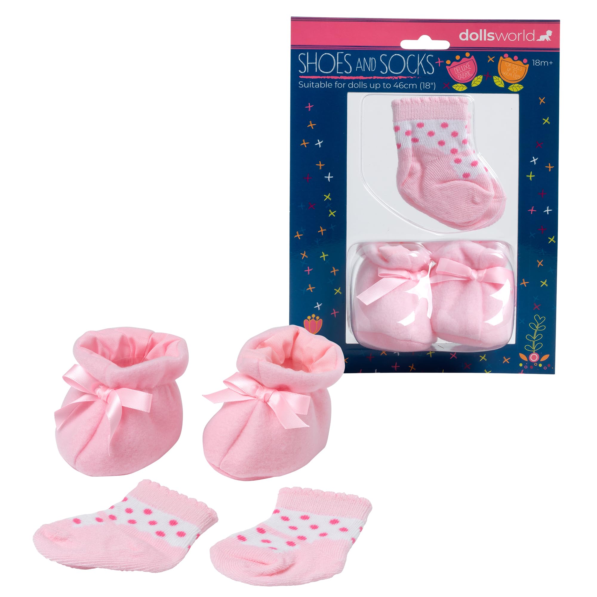Dolls World from John Adams | Doll Shoes and Socks Set | 1 Pair Fabric Shoes & 1 Pair Socks for Dolls Up to 46cm (18") | Doll Clothes Accessories for Toddlers 18 Months+