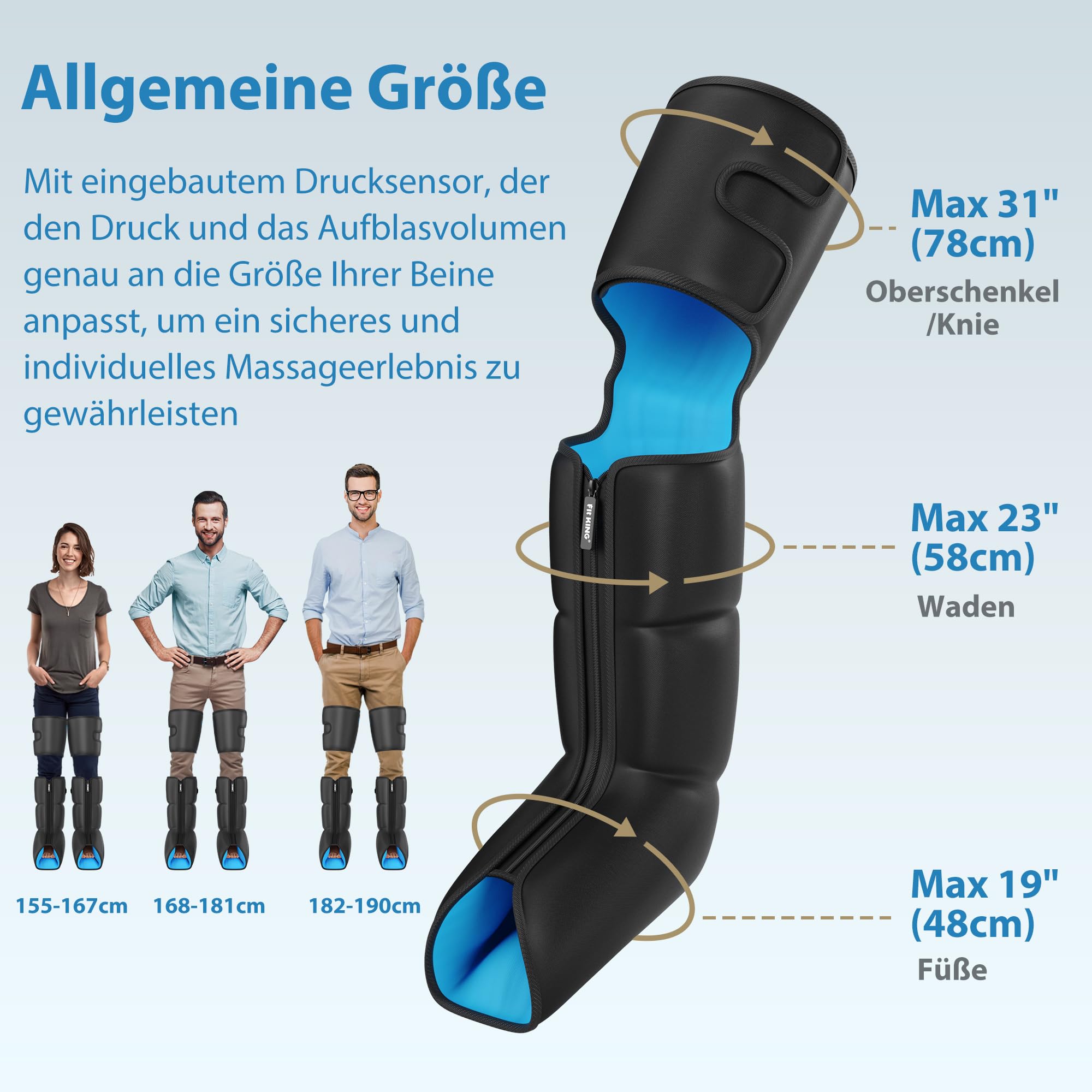 FIT KING 3-in-1 Beinmassagegerät mit Wärme & Kompression - Luftdruck-Massage für entspannte Beine, 3 Heizstufen, 3 Massagemodi | Beinkompressionsmaschine für Fuß, Wade & Oberschenkel, 3 Intensität & 3 Modi