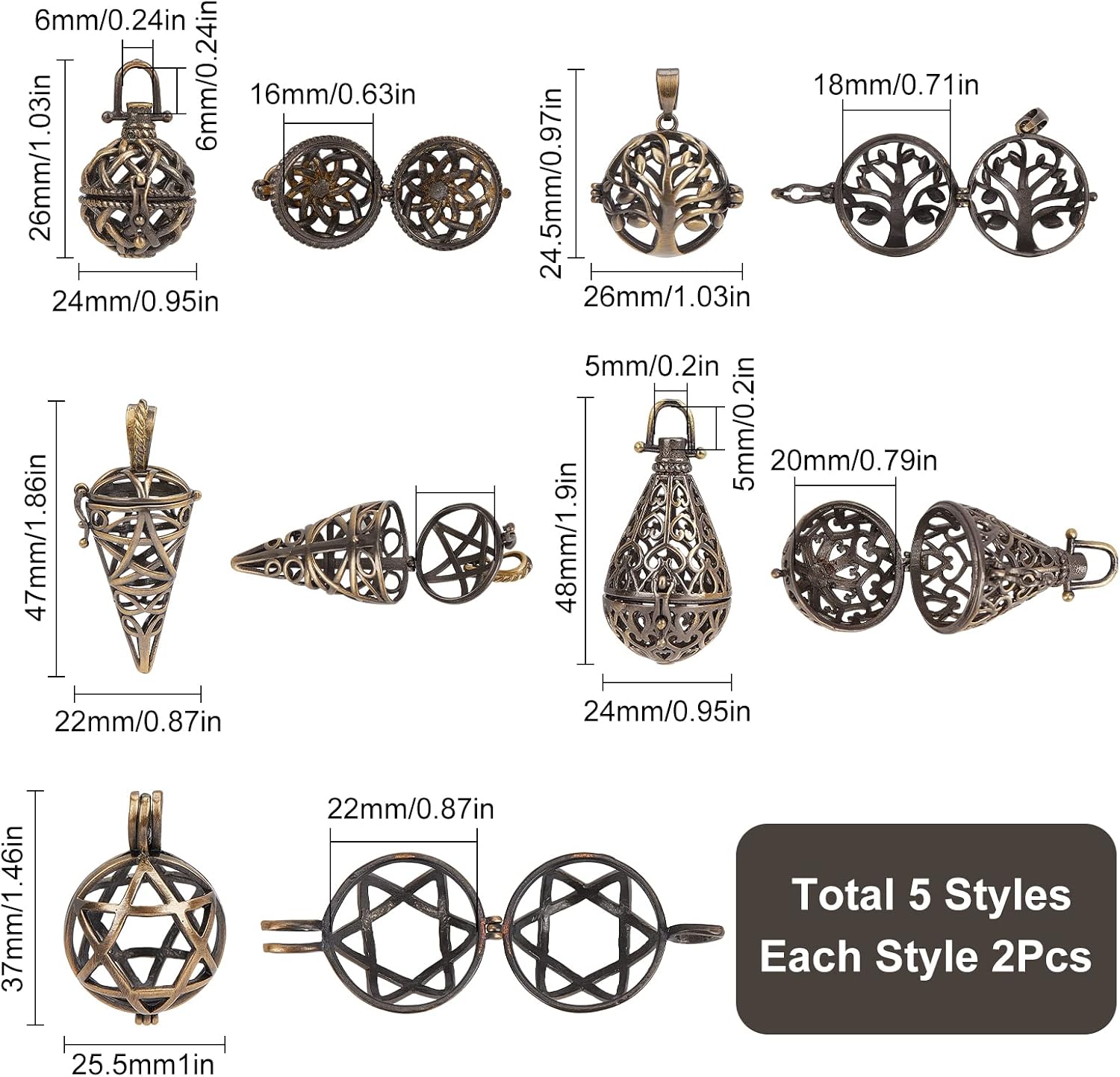 SUNNYCLUE 10Pcs Brass Locket Charms Cage Pendants Chime Ball Pendant Bulk Tree of Life Stone Holder Necklace Cage Locket Charms for Jewelry Making Hollow Empty Hexagram Charm Keychain Supplies Craft