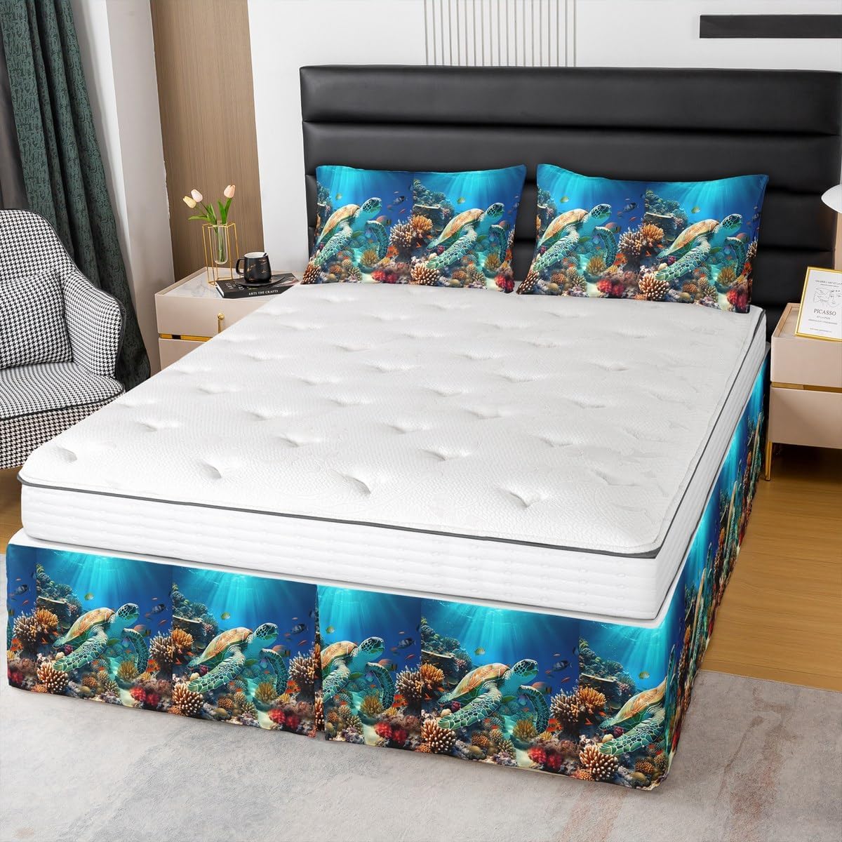 Feelyou Sea Turtle Bed Wrap Sheet Set Queen, Ocean Bed Skirt for Kids Coastal Bedskirt Reptile Tortoise Dust Ruffle Pleated Bedskirt with Split Corners