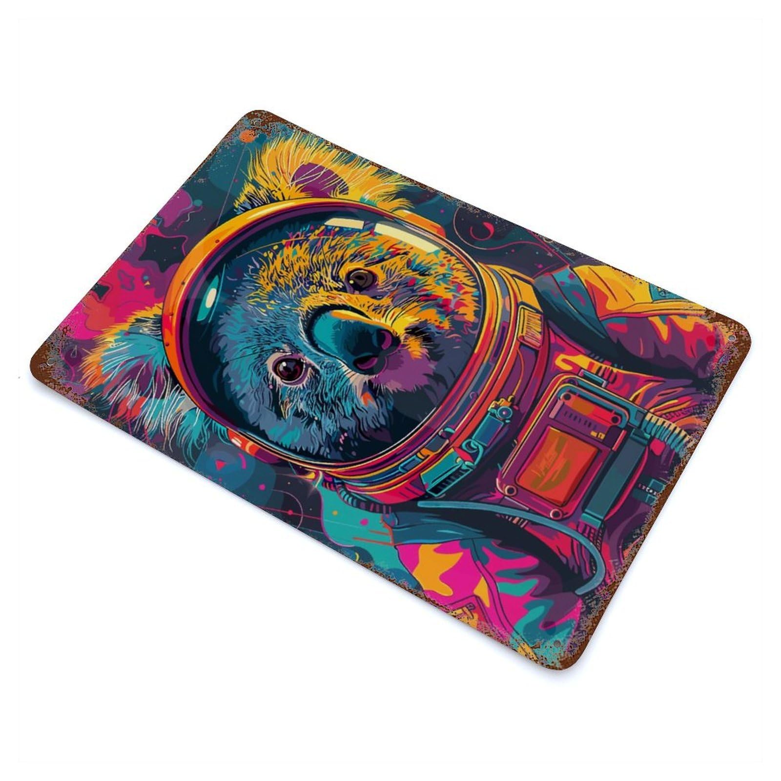Decorative Tin Sign with Astronaut Koala Space Design 11.8"x7.9", for Garage, Bar And Workshop Decor, Farmhouse Wall Decor