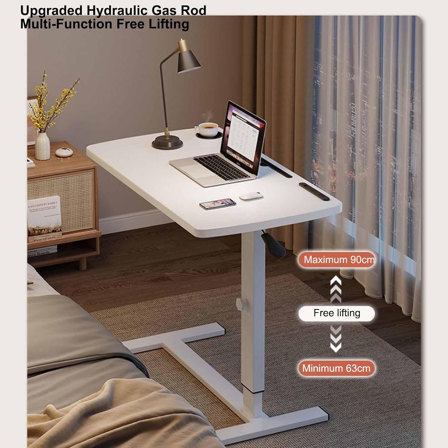 Modern Walnut Side Table with USB Charging Wheels and Height Adjustable Foldable Desktop Perfect Bedside or Overbed Table for Living Room and Bedroom