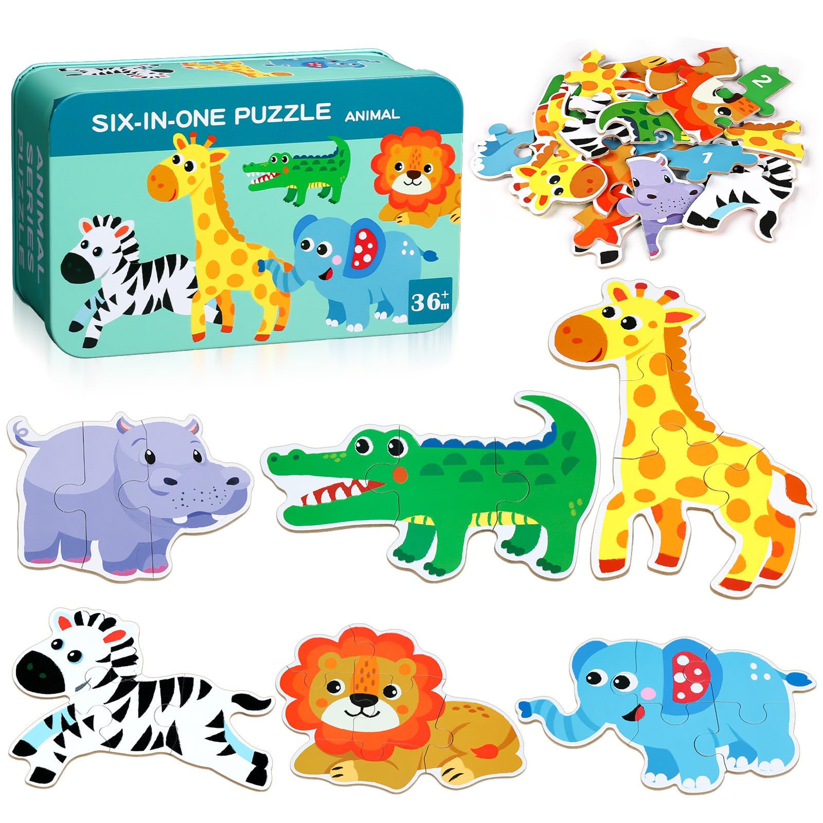 BBLIKE Puzzle 3 Years Educational Montessori Toys, Children's Puzzle 6 in 1 with Storage Box, Gift for Children 1-5 Years Know Animals and Cars, Educational Games Preschool