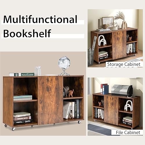 Miniatura 18 de Tangkula Estantería de madera con ruedas, gabinete de almacenamiento móvil con 6 cubos, soporte de impresora con estante abierto, archivador lateral