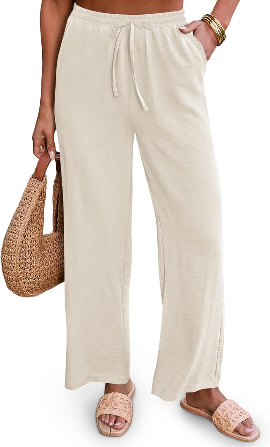 Diosun Womens Casual Palazzo Pants High Waisted Wide Leg Long Lounge Elastic Drawstring Waist Trousers with Pockets