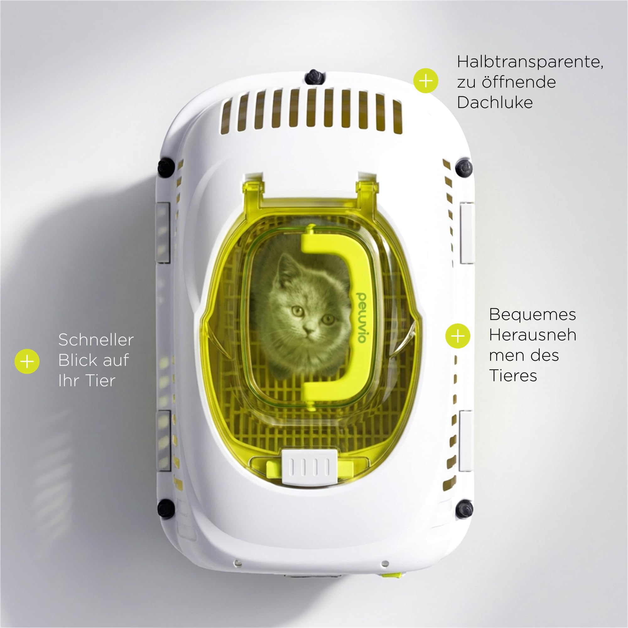 Peluvio Safy Katzentransportbox Hartschale mit Metalltür, Doppelsicherung und Belüftung, Sichtklappe Oben, Versenkbarer Tragegriff, Bodenrost Herausnehmbar für Hygieneeinlage, Napf, für Auto, bis 5 kg