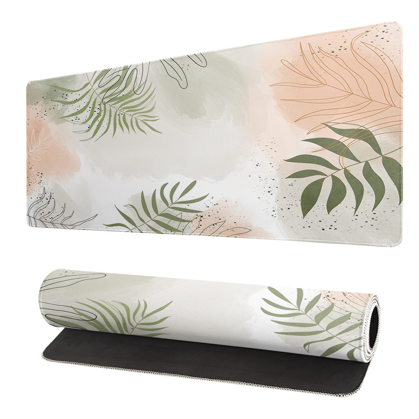 Boho Large Gaming Mouse Pad Kawaii Mousepad Matcha Green Plant Abstract Desk pad Women Pink Mouse mat Desk mat Keyboard mat for Desktop Gamer Girl Accessories Office Accessories, 31.5 X 11.8 Inch