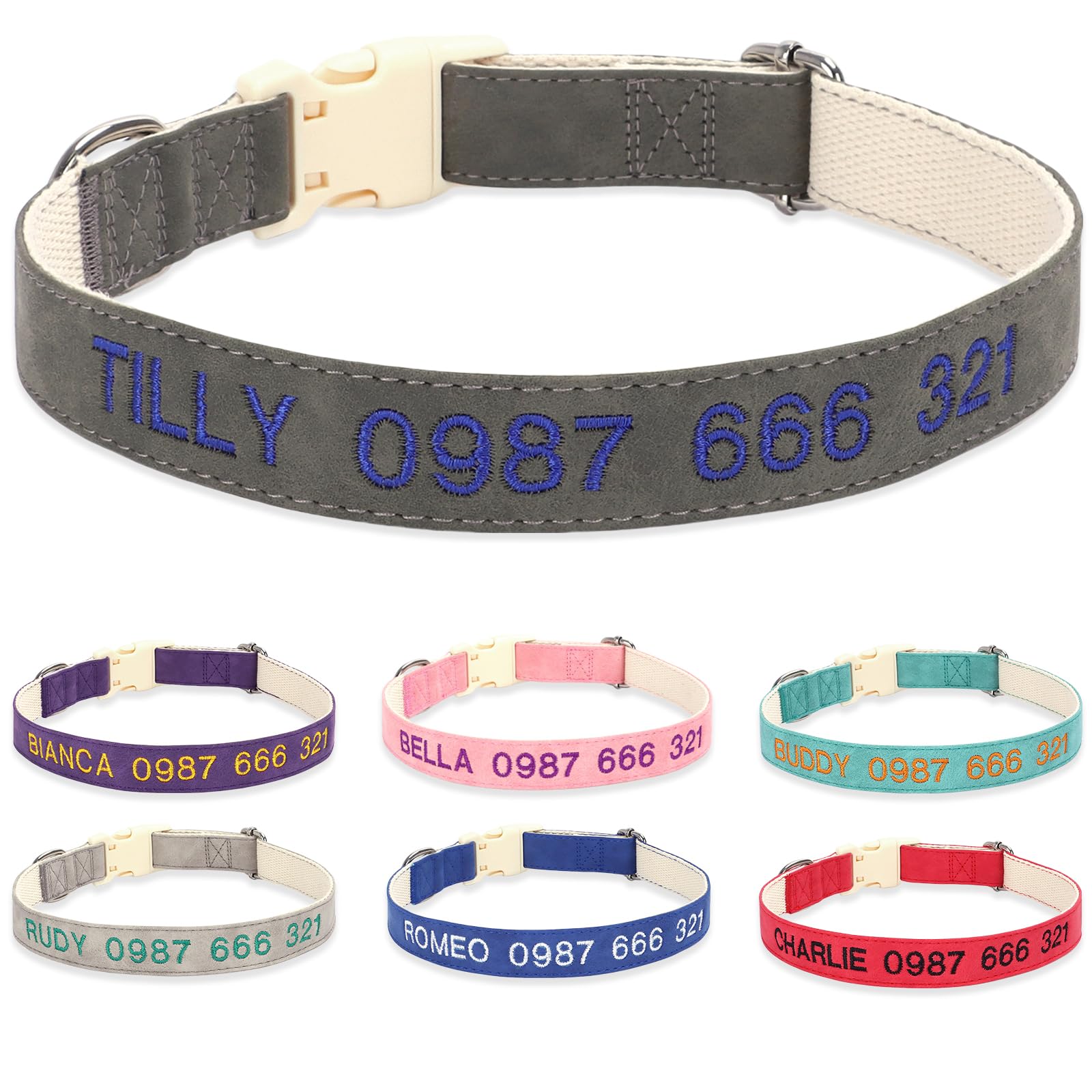 Personalized Embroidered Adjustable Dog Collar with Soft Leather Pad – Customizable Name & Phone-Adjustable for Small Medium Large Dogs,Dark Gray