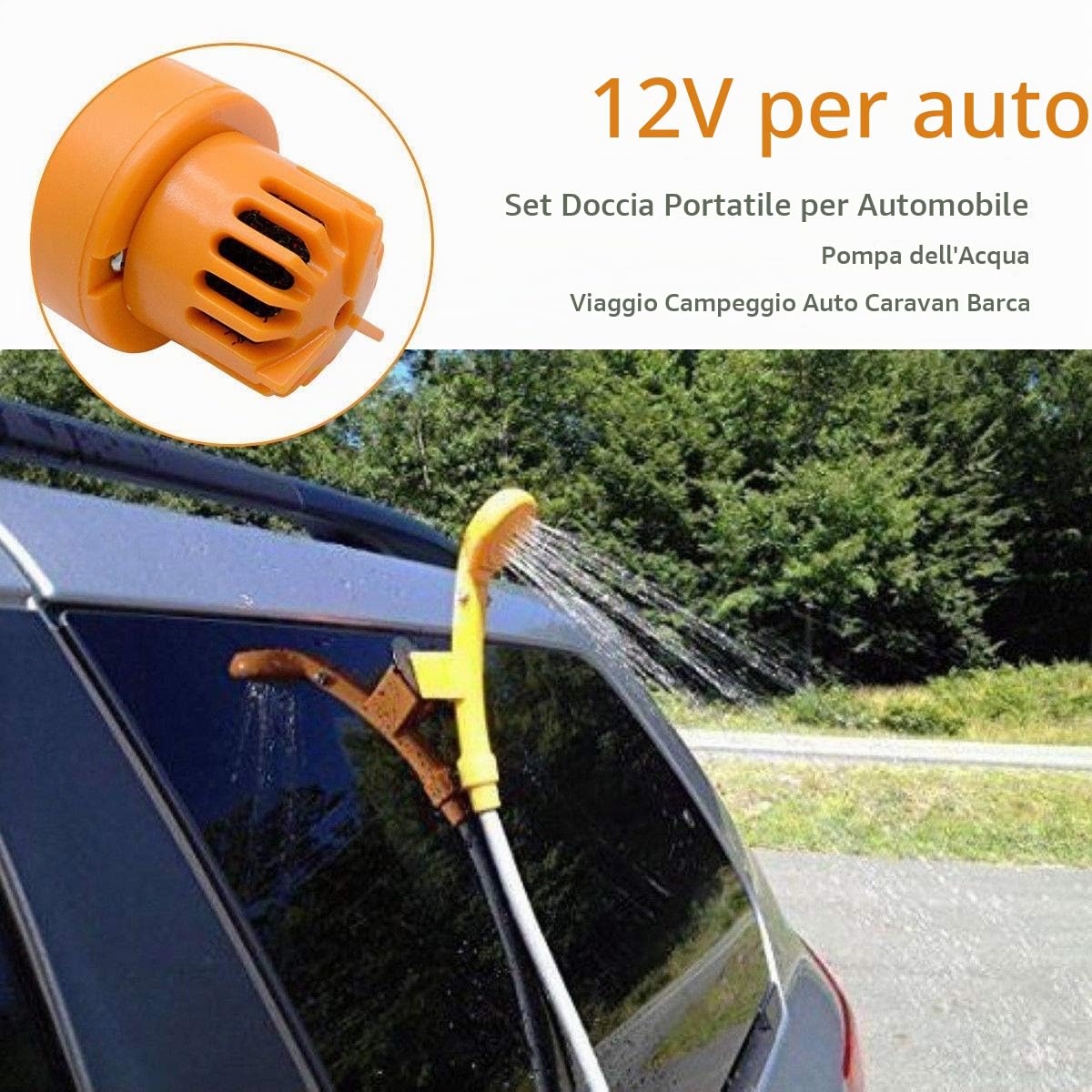 Riloer Kit doccia portatile da esterno, docce da campeggio portatili 12V con pompa dell'acqua, cavo da 5 metri con presa accendisigari, max 7 litri di acqua al minuto compatto