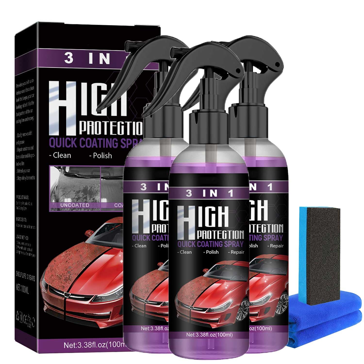 Teepors 3 in 1 High Protection Quick Car Coating Spray, Newbeeoo Car Coating Spray, High Protection Spray 3 in 1, Ceramic Crystal Car Coating Agent, Car Scratch Nano Repair Spray