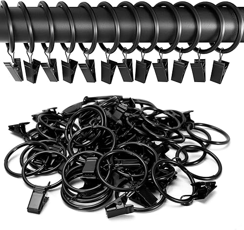 Miniatura 7 de Paquete de 44 anillos de cortina con clips, ganchos negros de 1 pulgada de diámetro interior, anillos de cortina de metal para colgar cortinas,