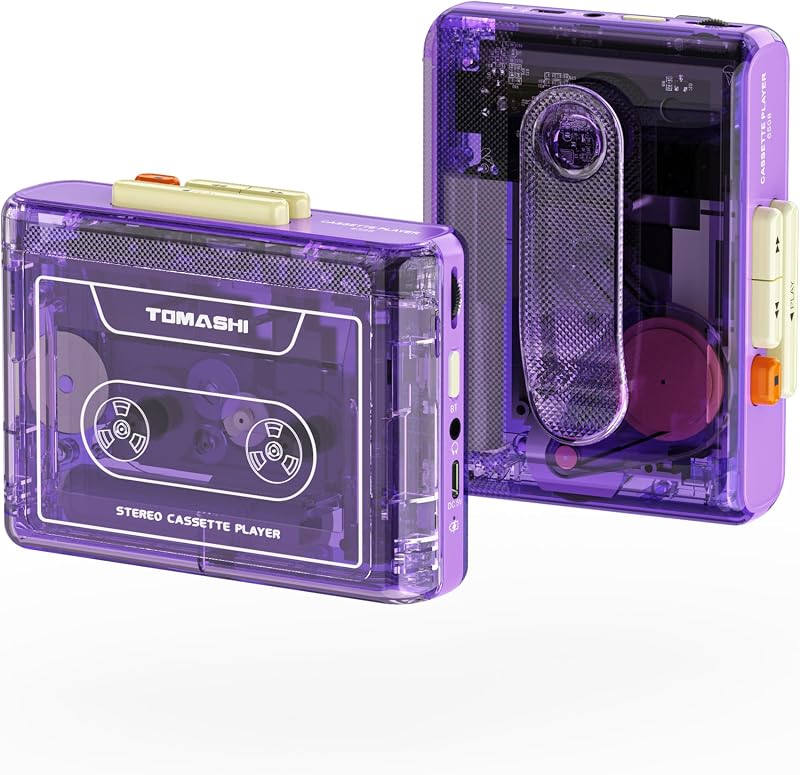 TOMASHI Reproductor de casete portátil con transmisor Bluetooth, reproductor estéreo de casete con carga tipo C, batería incorporada, clip para cinturón y conector para auriculares para reproducción de música inalámbrica