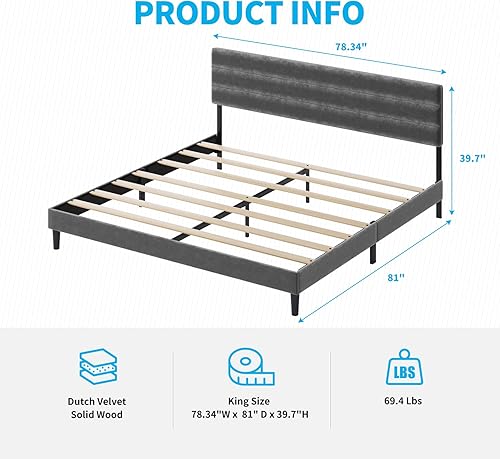 Miniatura 9 de Mjkone Base de cama de plataforma tamaño King con cabecera ajustable, moderno marco de cama tapizado de terciopelo holandés, marco de cama con Gris