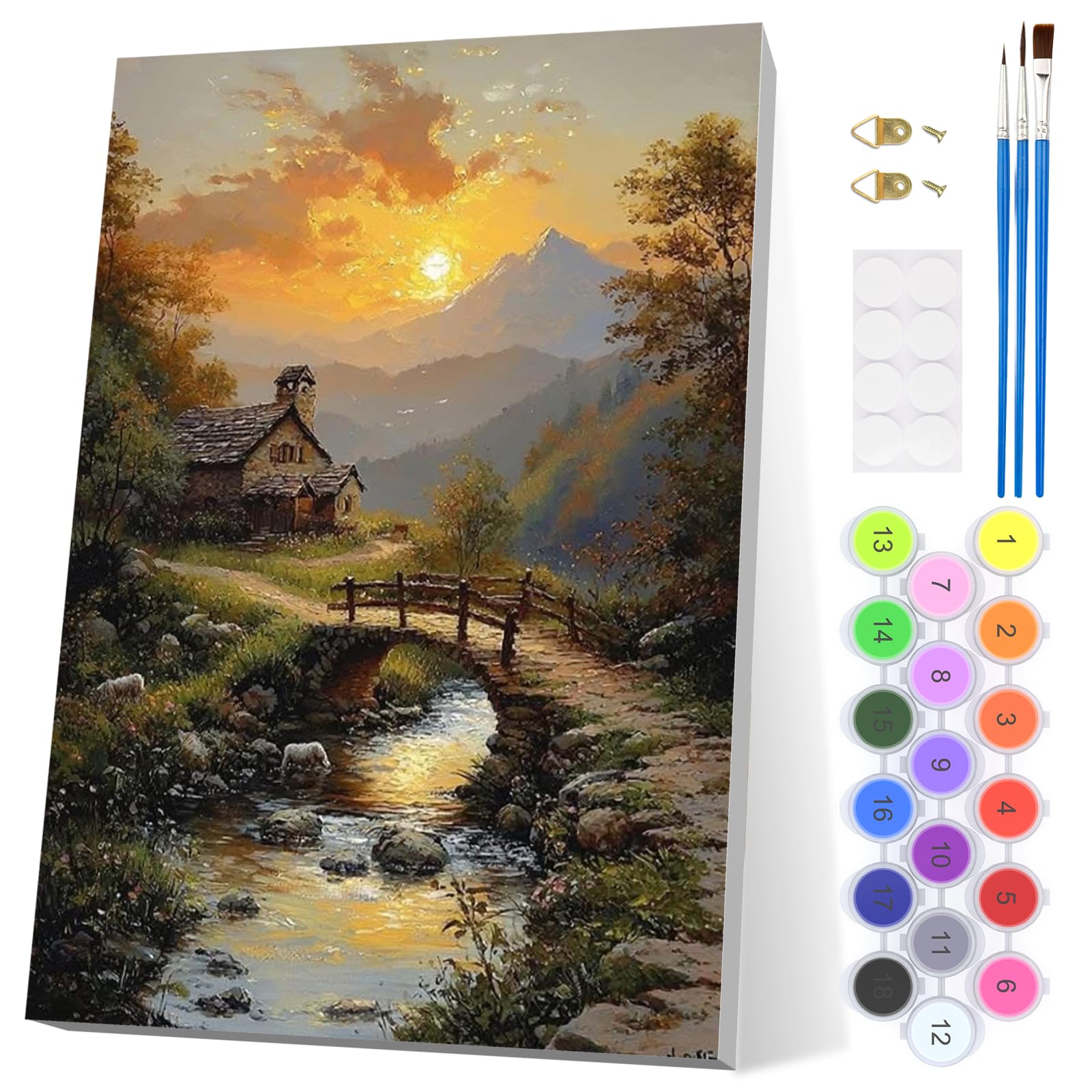 EOBROMD Countryside Sunset Paint by Numbers for Adults with Frame, Sunset Landscape Paint by Numbers Kits, Acrylic Easy Painting by Numbers for Gift Home Wall Decor (8x12in/20x30cm) — image 1