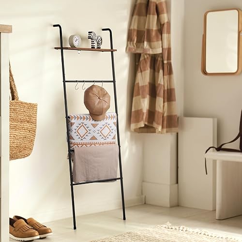 Miniatura 5 de Juego de 2 escaleras para mantas para sala de estar, escalera de pared con estante y 8 ganchos, escalera para toallas de baño, granja, 5 niveles,