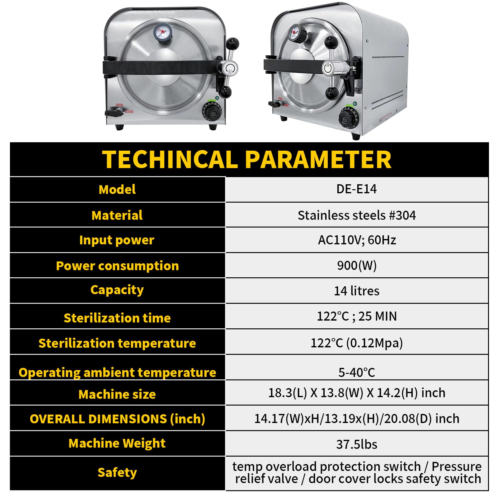 Esterilizadores en autoclave de 14 l, autoclave esterilizador de laboratorio de 110 V, 900 W, autoclave para herramientas, esterilizador de vapor de acero inoxidable, máquina esterilizadora