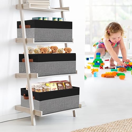 Miniatura 2 de Paquete de 3 contenedores de almacenamiento de gran capacidad para estantes, cestas de almacenamiento de armario de tela, cajas con asas de cuero