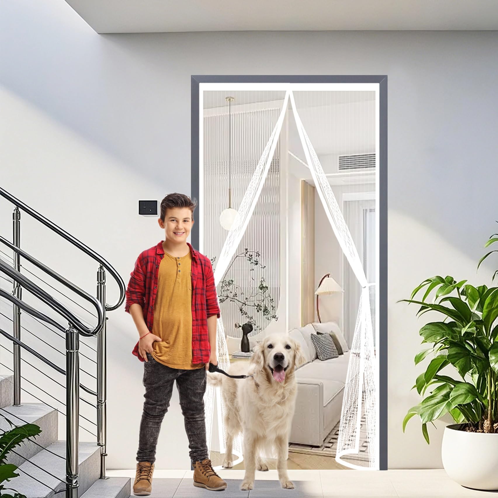 Moustiquaire porte automatique sans perçage avec maille fine blanche
