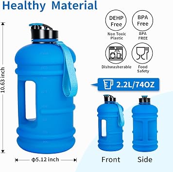 TOOFEEL 2 Liter Water Bottles - Half Gallon BPA Free - Ideal for Gym, Reusable Large Water Bottle with Measurements Marked - 74 oz Matte Blue