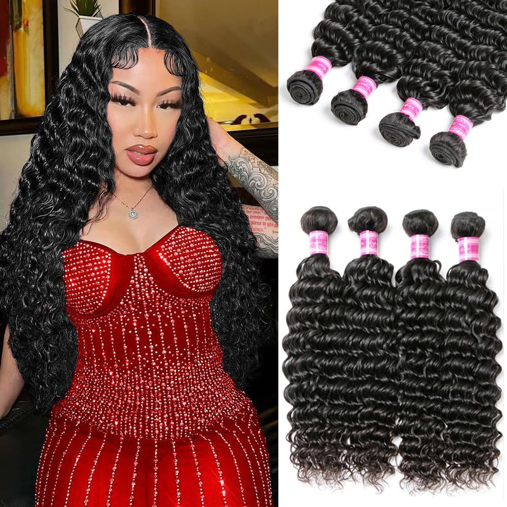 12A Brazilian Virgin Human Hair Bundles, Deep Wave 4 Bundles 100% Unprocessed Remy Hair