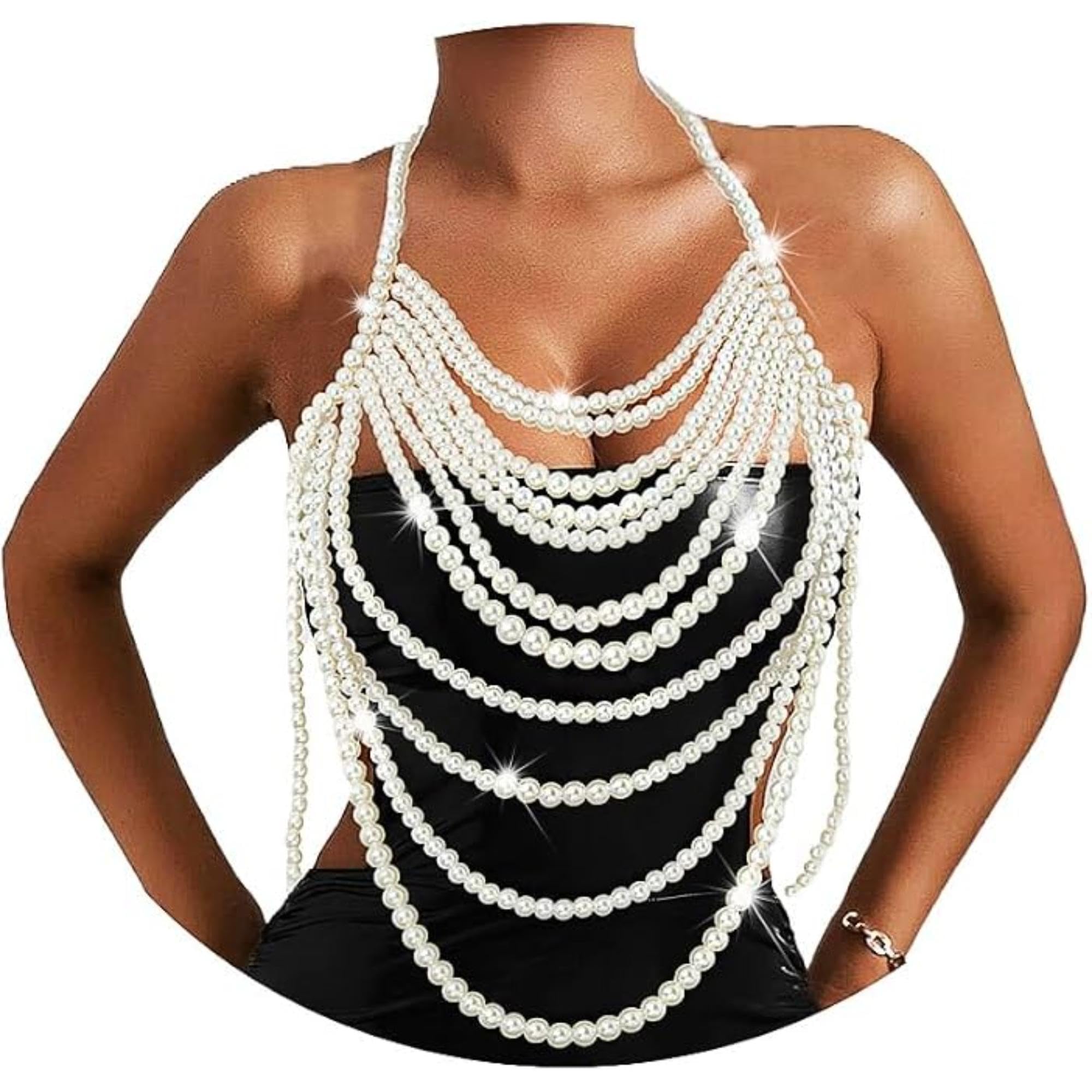 Multi Layer Pearl Body Chain for Women Beaded Pearl Chest Harness Necklace Adjustable Fashion Body Jewelry for Beach Bikini Festival Wedding Party Concert Costume-image-45