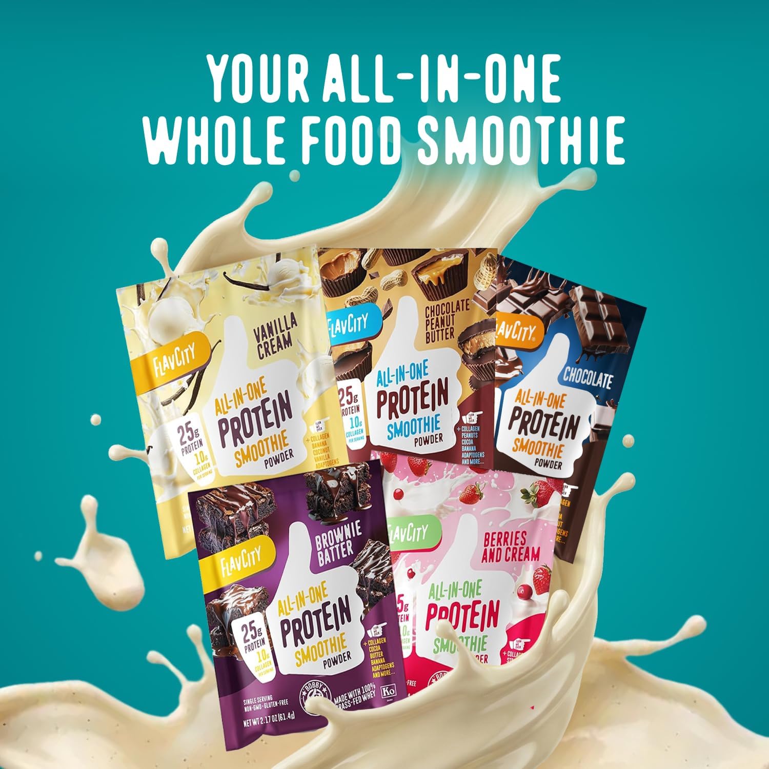 FlavCity All in One Protein Shake Powder Packets - On the Go Meal Alternative + 25g Protein & 10g Collagen, Made with Organic Reishi & Cordyceps Mushrooms - No Added Sugars, Variety 10 Pack image 3