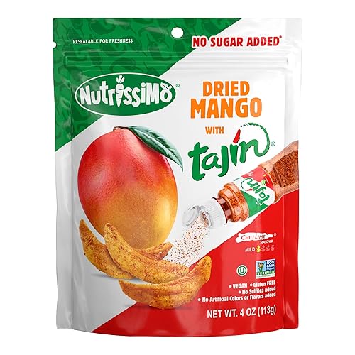 Nutrissimo Mango con tajín bocadillo de frutas secas sin azúcar añadido aperitivos veganos y sin gluten bolsa de 4 onzas