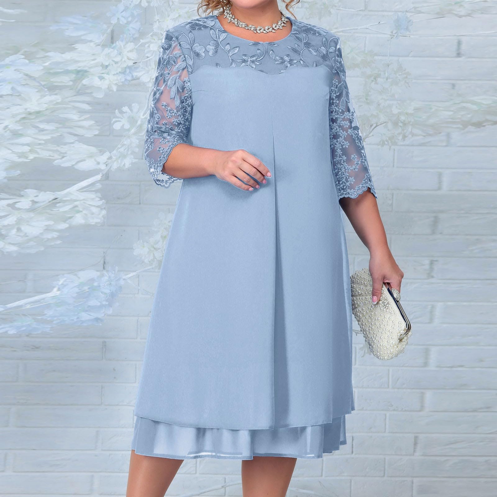 Elegante Vestido de Gasa Bordado para Mamá Nupcial de Longitud Media Talla Grande