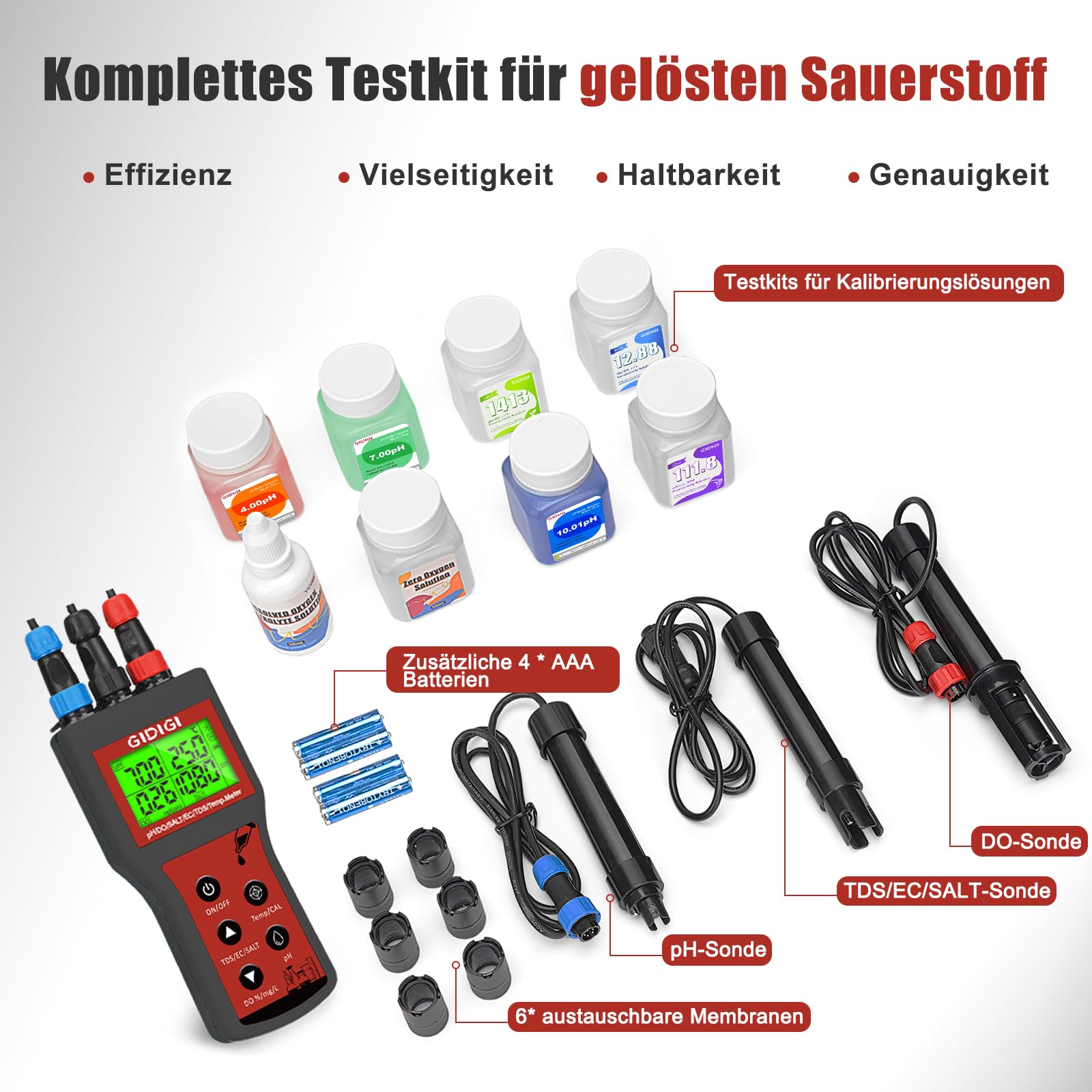 Messgerät für gelösten Sauerstoff für Wasser, 6-in-1 Smart DO, pH, Salzgehalt, TDS, EC, Temperatur, mit automatischer Kompensation für Teiche, Aquarien, Wassertests, Wasserqualitätstester, Teich-Saue